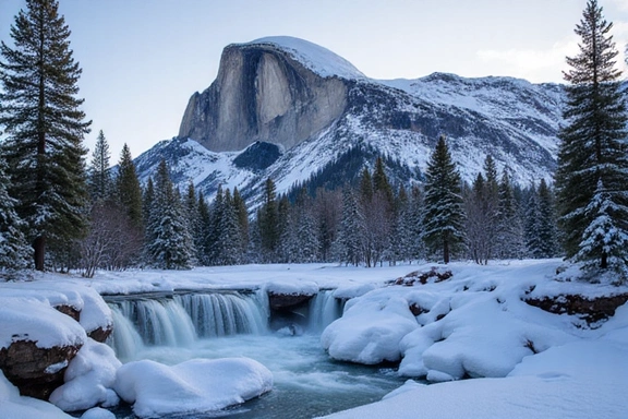 Yosemite National Park's Half Dome dusted with snow and frozen waterfalls