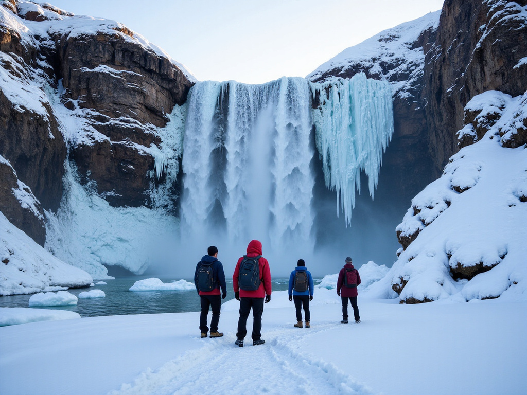 A group of winter hikers admiring a frozen waterfall